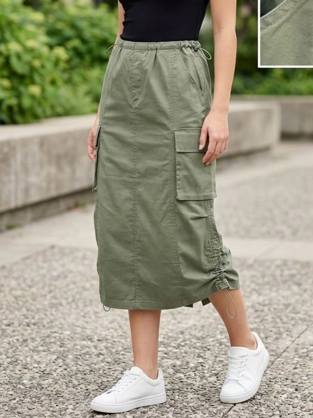 Ultra Flirt Olive Green Cargo Midi Skirt Women’s Size M Drawstring Slit Y2K
